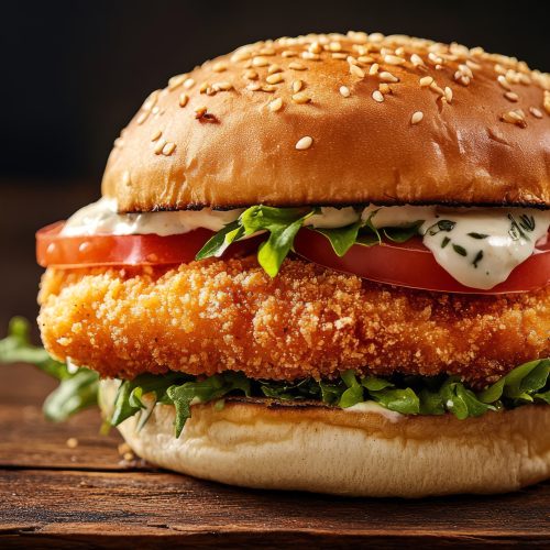 Enjoy a crispy chicken burger topped with fresh lettuce, juicy tomatoes, and tangy sauce, all in a warm sesame seed bun, providing a satisfying and flavorful meal that will leave you wanting more